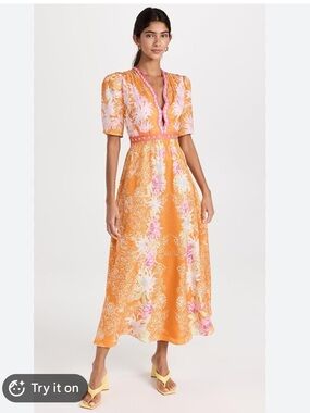 SALONI Orange and Pink Floral V‑Neck Midi Dress Size 14